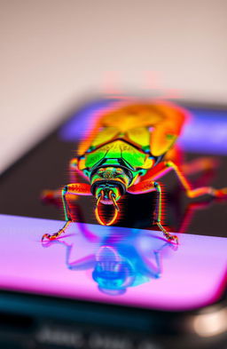 A close-up view of a glitched bug on a smartphone screen, with vibrant, distorted colors creating an abstract visual effect