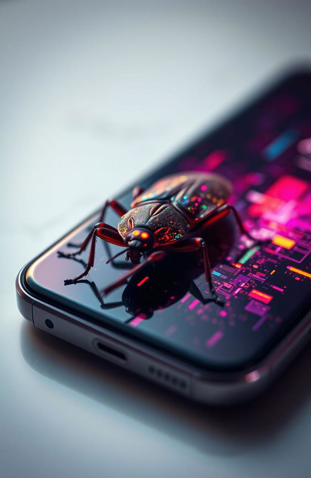 A close-up view of a glitched bug on a smartphone screen, with vibrant, distorted colors creating an abstract visual effect