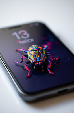 A close-up view of a glitched bug on a smartphone screen, with vibrant, distorted colors creating an abstract visual effect