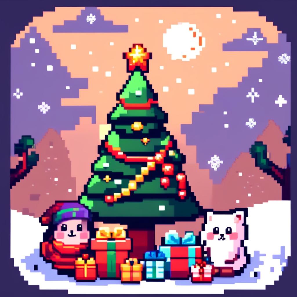 Pixel art PFP featuring cute Christmas presents under a decorated Christmas tree, set against a snowy landscape under a starry night sky