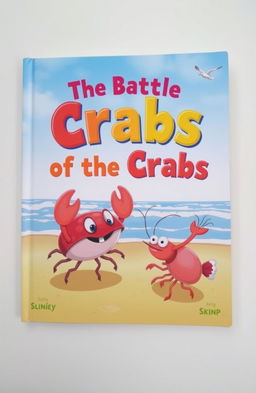 A whimsical storybook cover featuring vibrant illustrations of a crab and a shrimp engaged in a playful battle