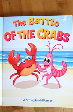 A whimsical storybook cover featuring vibrant illustrations of a crab and a shrimp engaged in a playful battle