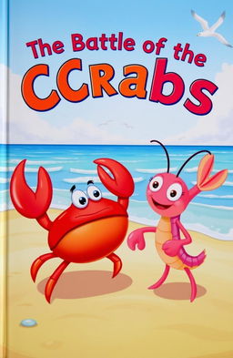 A whimsical storybook cover featuring vibrant illustrations of a crab and a shrimp engaged in a playful battle