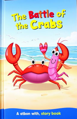 A whimsical storybook cover featuring vibrant illustrations of a crab and a shrimp engaged in a playful battle