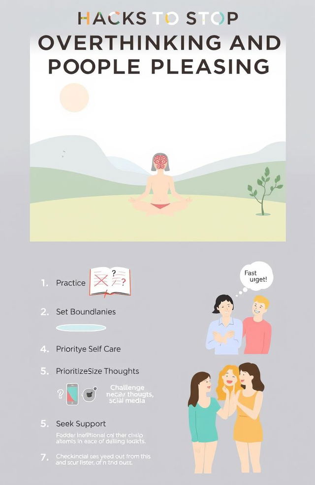 An informative and visually appealing infographic titled '7 Hacks to Stop Overthinking and People Pleasing'