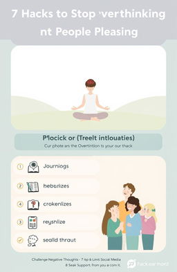 An informative and visually appealing infographic titled '7 Hacks to Stop Overthinking and People Pleasing'