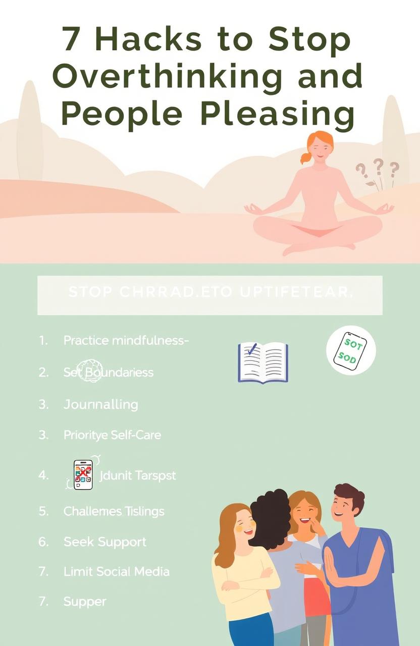 An informative and visually appealing infographic titled '7 Hacks to Stop Overthinking and People Pleasing'