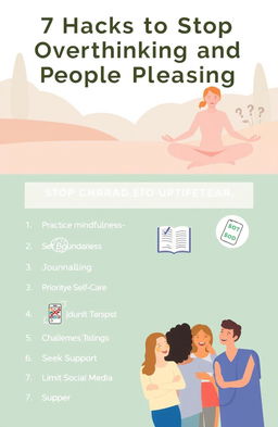 An informative and visually appealing infographic titled '7 Hacks to Stop Overthinking and People Pleasing'