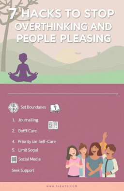 An informative and visually appealing infographic titled '7 Hacks to Stop Overthinking and People Pleasing'