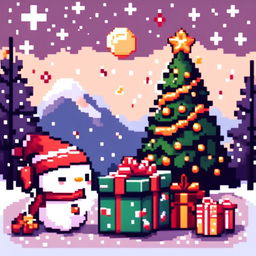 Pixel art PFP featuring cute Christmas presents under a decorated Christmas tree, set against a snowy landscape under a starry night sky