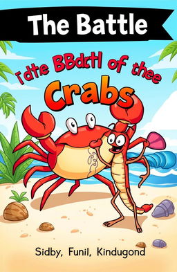 A whimsical and colorful storybook cover featuring an epic clash between a large, cartoon-style crab and a feisty shrimp, set against a sunny beach landscape