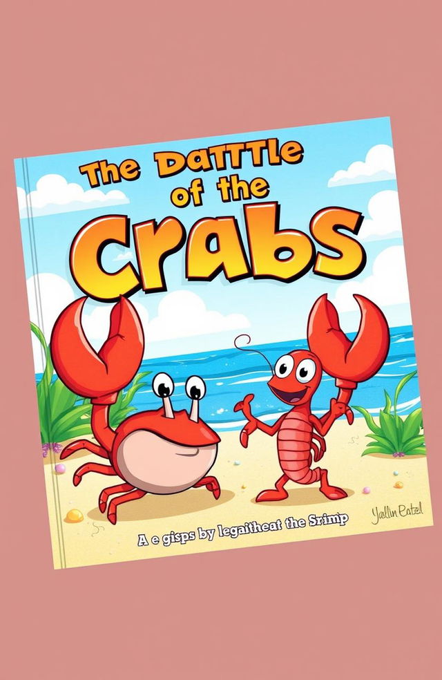 A whimsical and colorful storybook cover featuring an epic clash between a large, cartoon-style crab and a feisty shrimp, set against a sunny beach landscape