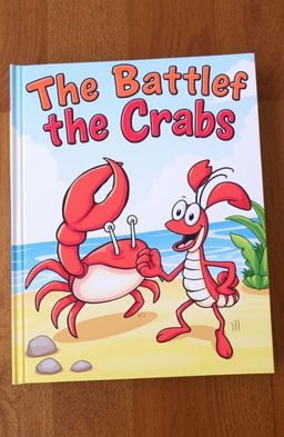 A whimsical and colorful storybook cover featuring an epic clash between a large, cartoon-style crab and a feisty shrimp, set against a sunny beach landscape