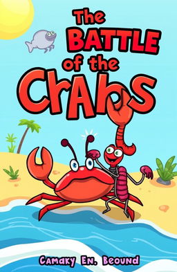 A whimsical and colorful storybook cover featuring an epic clash between a large, cartoon-style crab and a feisty shrimp, set against a sunny beach landscape