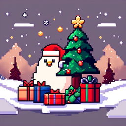 Pixel art PFP featuring cute Christmas presents under a decorated Christmas tree, set against a snowy landscape under a starry night sky