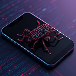 A creative representation of a bug formed entirely out of zeros and ones, displayed on a smartphone screen
