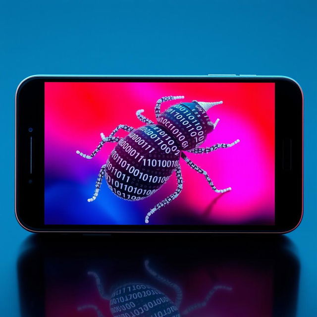 A creative representation of a bug formed entirely out of zeros and ones, displayed on a smartphone screen