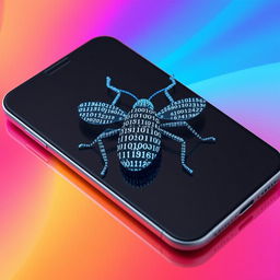 A creative representation of a bug formed entirely out of zeros and ones, displayed on a smartphone screen