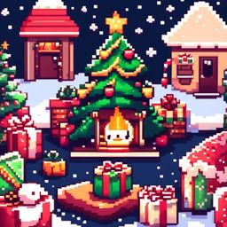 Pixel art PFP featuring cute Christmas presents under a decorated Christmas tree, set against a snowy landscape under a starry night sky