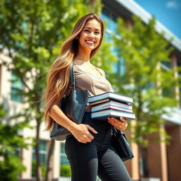 A sexy, confident university woman standing outside a modern campus building, wearing stylish, form-fitting clothes that highlight her figure