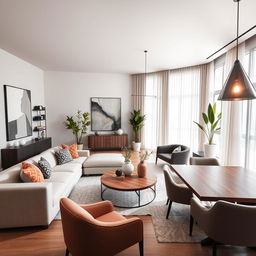 A modern twist on a living room design, featuring an open and airy space with a contemporary flair