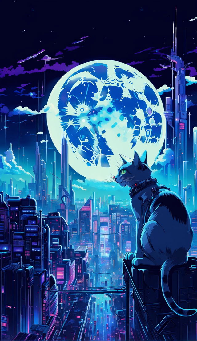 A 32k resolution retro sci-fi anime poster featuring a cybernetic cat perched on a futuristic cityscape under a technologically advanced moon