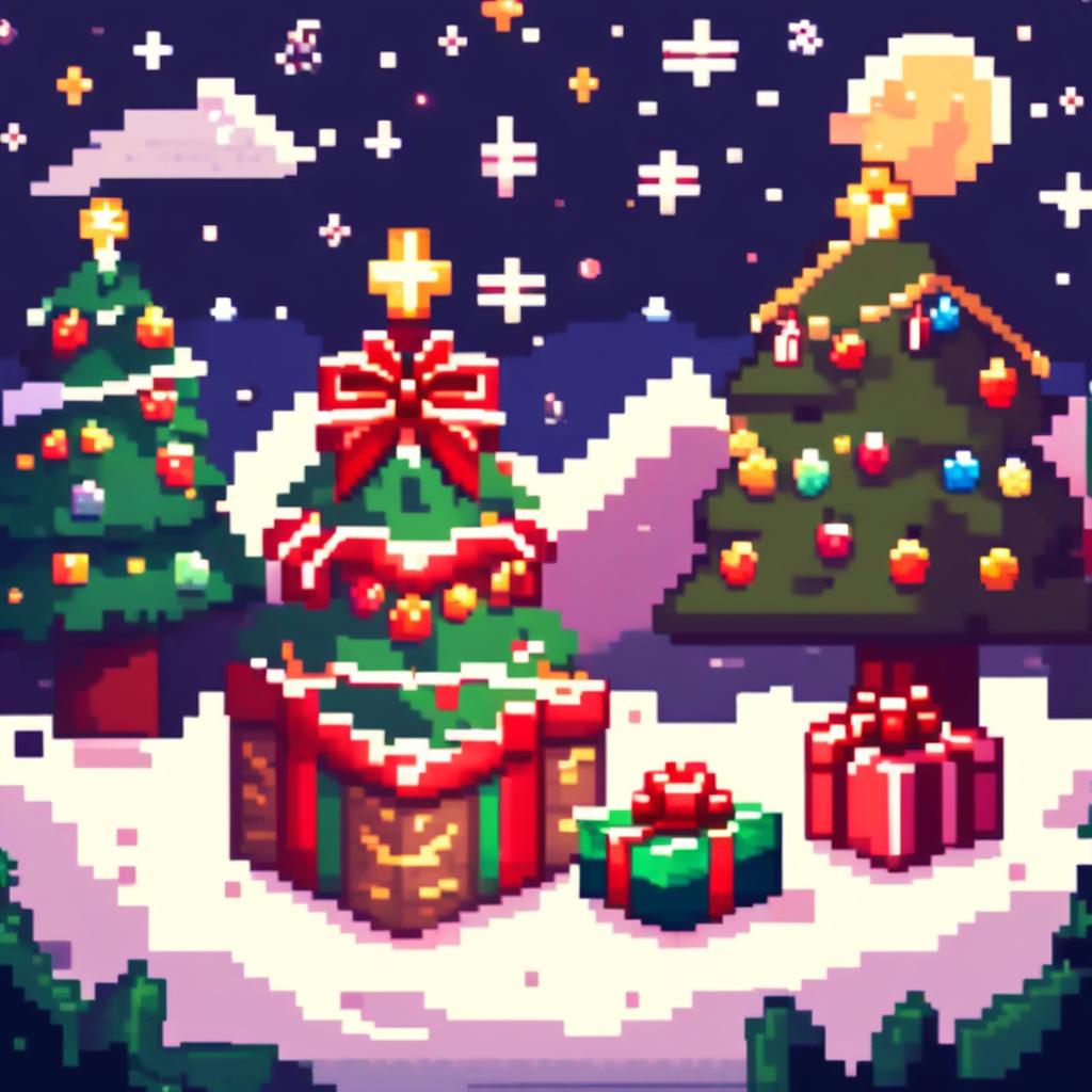 Pixel art PFP featuring Christmas presents under a decorated Christmas tree, set against a snowy landscape under a starry night sky