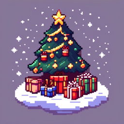 Pixel art PFP featuring Christmas presents under a decorated Christmas tree, set against a snowy landscape under a starry night sky