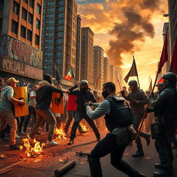 A chaotic urban street scene depicting a conflict between two rival factions in a bustling city