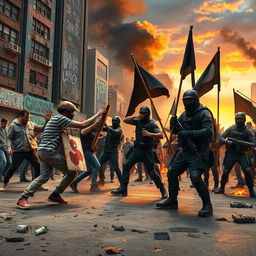 A chaotic urban street scene depicting a conflict between two rival factions in a bustling city