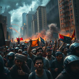 A vivid depiction of an intense urban conflict scene, showcasing a gritty cityscape filled with towering buildings, smoke rising from various spots, the sounds of chaos in the background