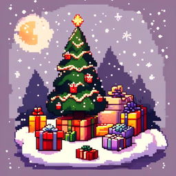 Pixel art PFP featuring Christmas presents under a decorated Christmas tree, set against a snowy landscape under a starry night sky