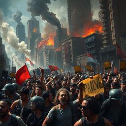 A vivid depiction of an intense urban conflict scene, showcasing a gritty cityscape filled with towering buildings, smoke rising from various spots, the sounds of chaos in the background