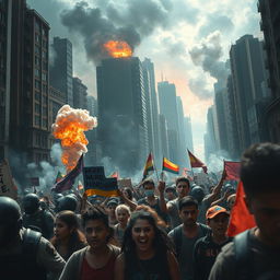 A vivid depiction of an intense urban conflict scene, showcasing a gritty cityscape filled with towering buildings, smoke rising from various spots, the sounds of chaos in the background