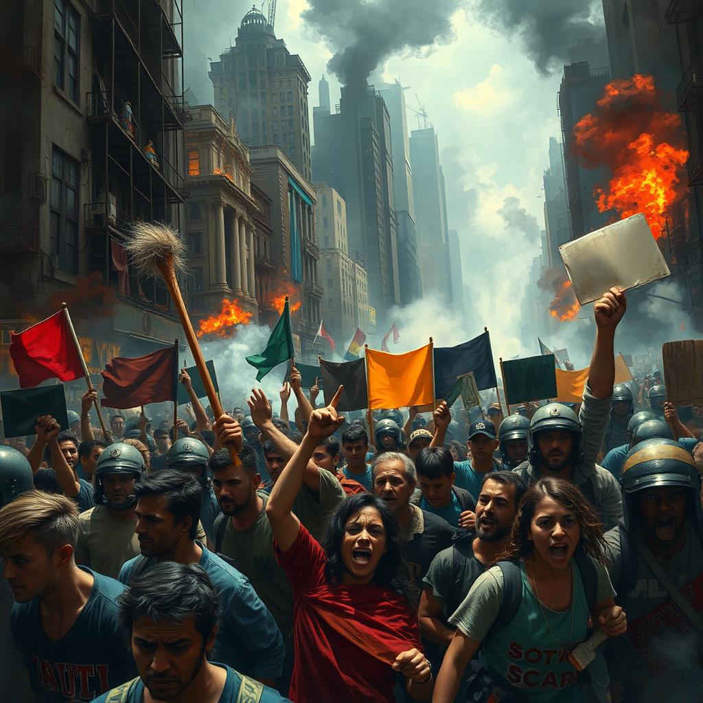 A vivid depiction of an intense urban conflict scene, showcasing a gritty cityscape filled with towering buildings, smoke rising from various spots, the sounds of chaos in the background