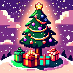 Pixel art PFP featuring Christmas presents under a decorated Christmas tree, set against a snowy landscape under a starry night sky