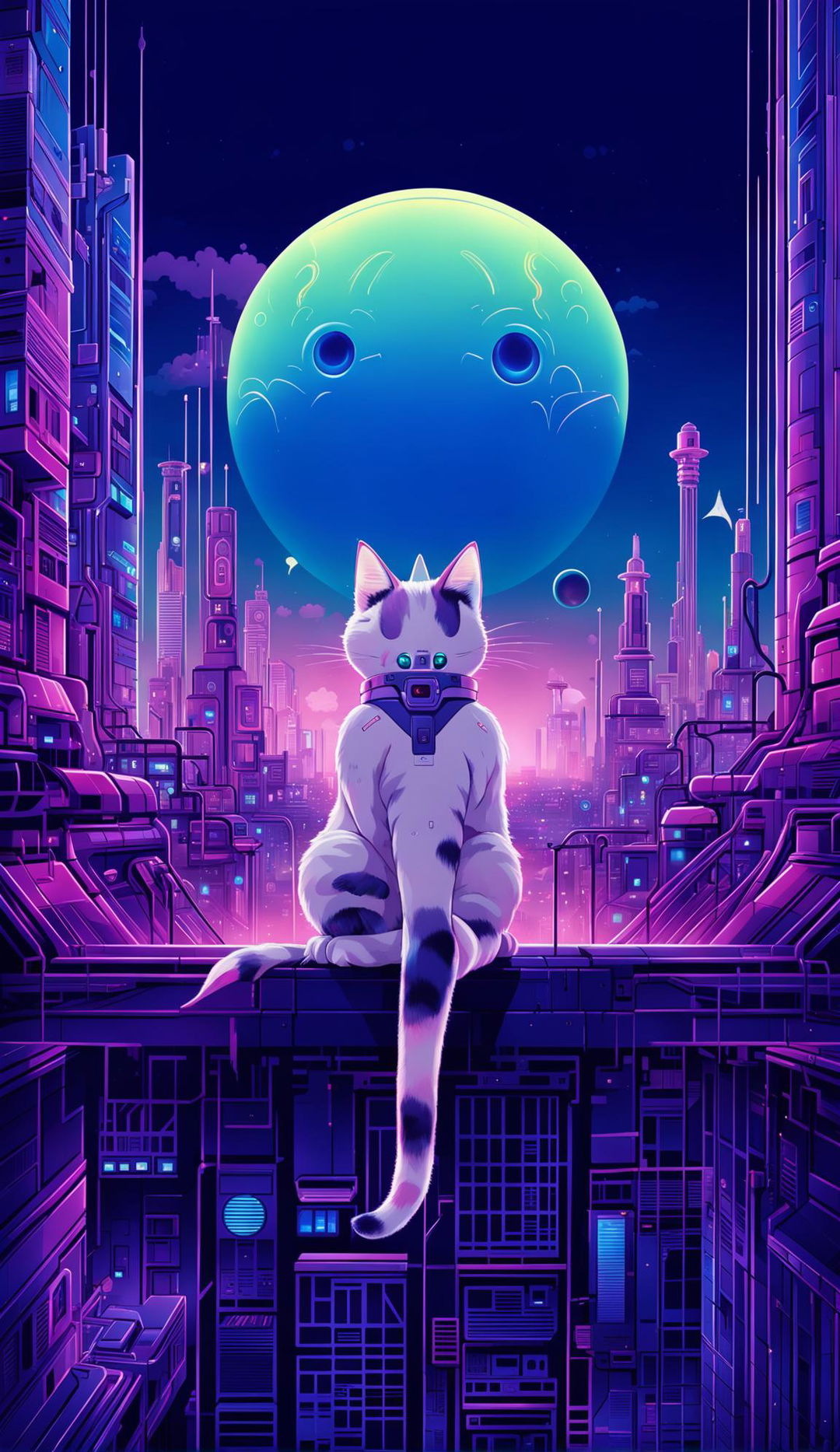 A 32k resolution retro sci-fi anime poster with a Wes Anderson-inspired aesthetic, featuring a cybernetic cat on a futuristic cityscape under a technologically advanced moon