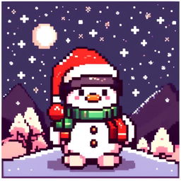 Pixel art PFP featuring an adorable snowman with a Santa hat, standing in a snowy landscape under a starry night sky.