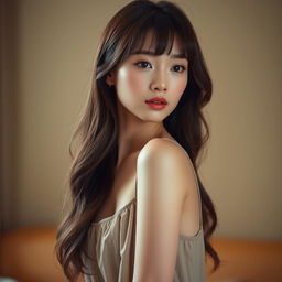 A beautiful Asian woman in her 20s wearing a loose camisole, subtly showing her cleavage