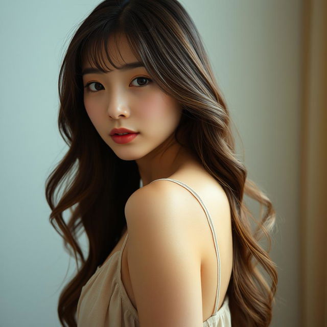 A beautiful Asian woman in her 20s wearing a loose camisole, subtly showing her cleavage