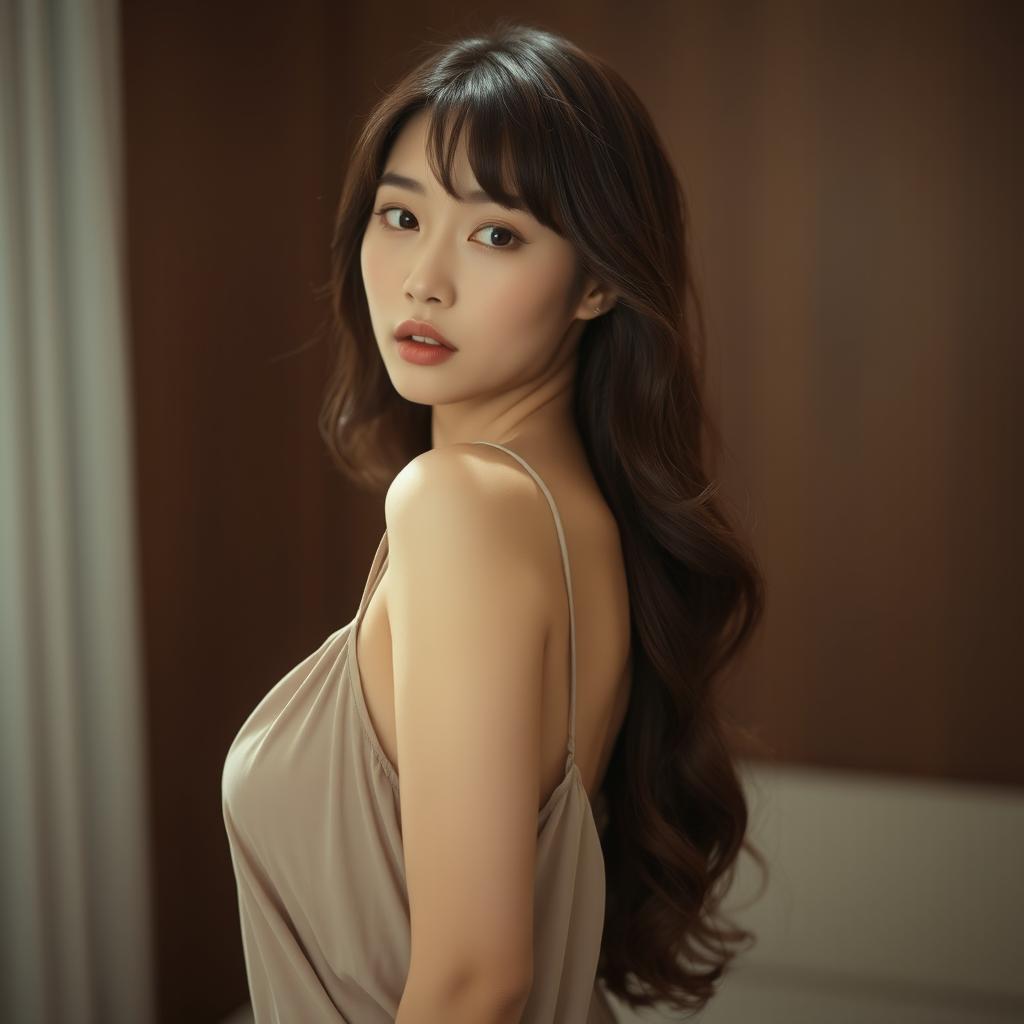 A beautiful Asian woman in her 20s wearing a loose camisole, subtly showing her cleavage