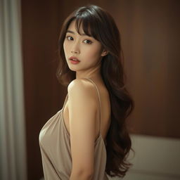 A beautiful Asian woman in her 20s wearing a loose camisole, subtly showing her cleavage