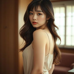 A beautiful Asian woman in her 20s wearing a loose camisole, subtly showing her cleavage