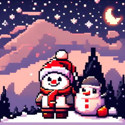 Pixel art PFP featuring an adorable snowman with a Santa hat, standing in a snowy landscape under a starry night sky.