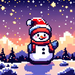 Pixel art PFP featuring an adorable snowman with a Santa hat, standing in a snowy landscape under a starry night sky.