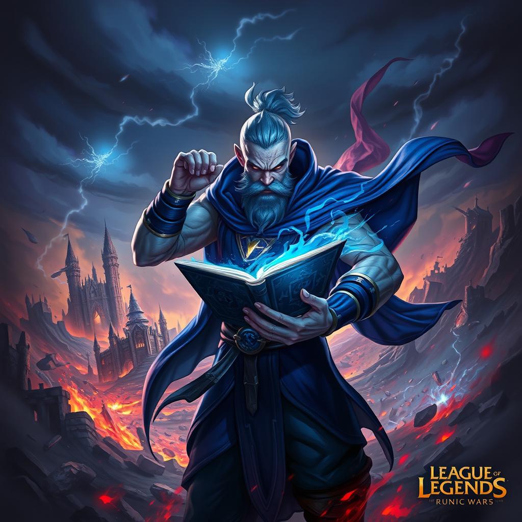 Ryze from League of Legends depicted in an intense pose against a dramatic background of destruction from the Runic Wars