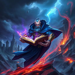 Ryze from League of Legends depicted in an intense pose against a dramatic background of destruction from the Runic Wars