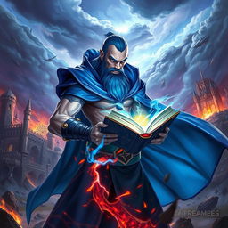 Ryze from League of Legends depicted in an intense pose against a dramatic background of destruction from the Runic Wars