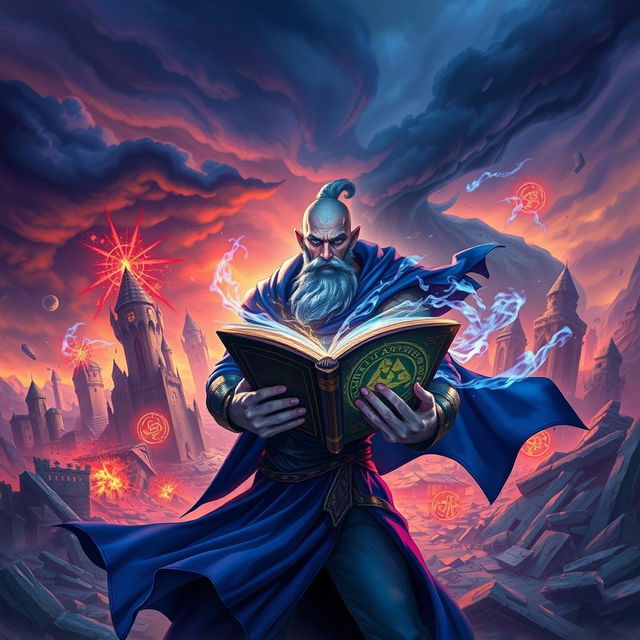 Ryze from League of Legends depicted in an intense pose against a dramatic background of destruction from the Runic Wars