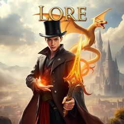 An epic fantasy book cover featuring a young man displaying magical powers, wearing a stylish top hat